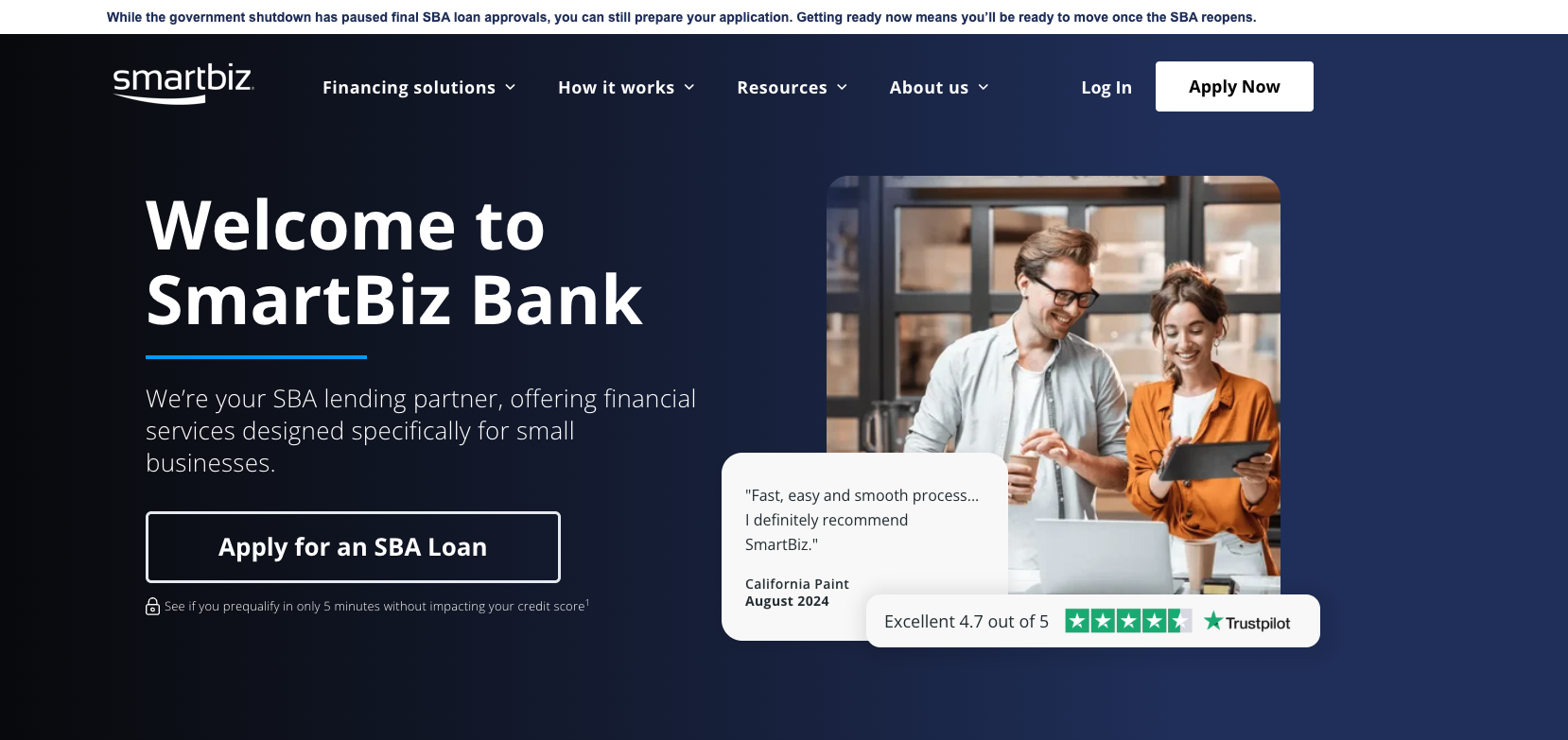 SmartBiz Bank homepage highlighting SBA loan application with Apply Now button