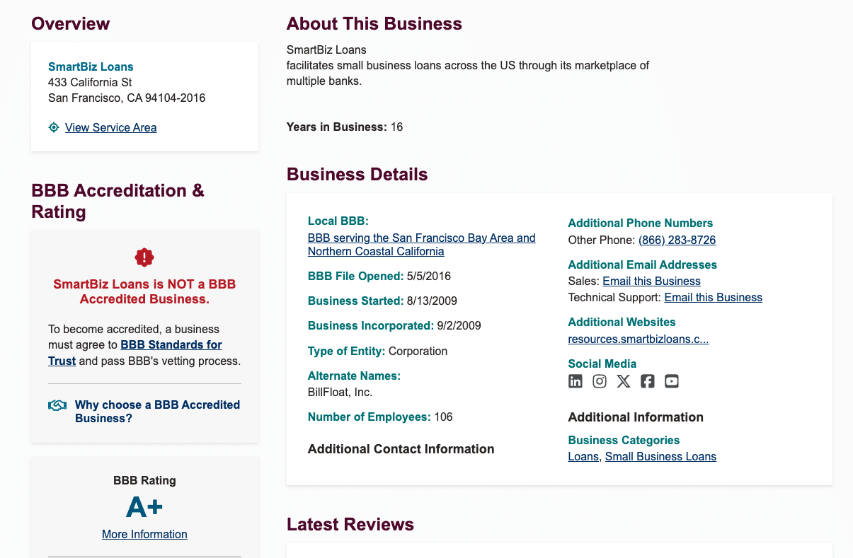BBB profile page showing SmartBiz Loans is not accredited but holds an A+ rating
