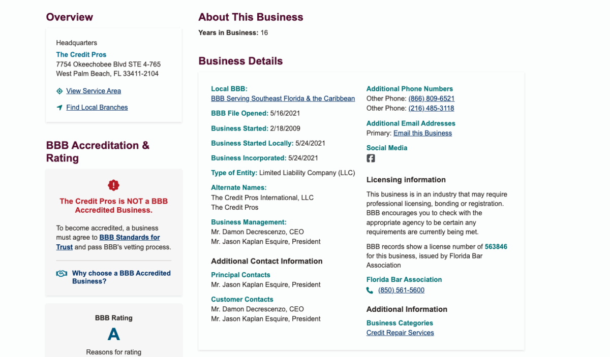 BBB profile of The Credit Pros showing company details, contact information, and that it is not BBB accredited but holds an A rating.