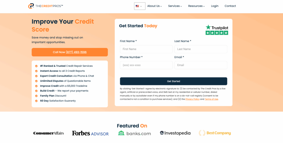 Screenshot of The Credit Pros official website homepage featuring credit repair offers, sign-up form, and Trustpilot rating badge.