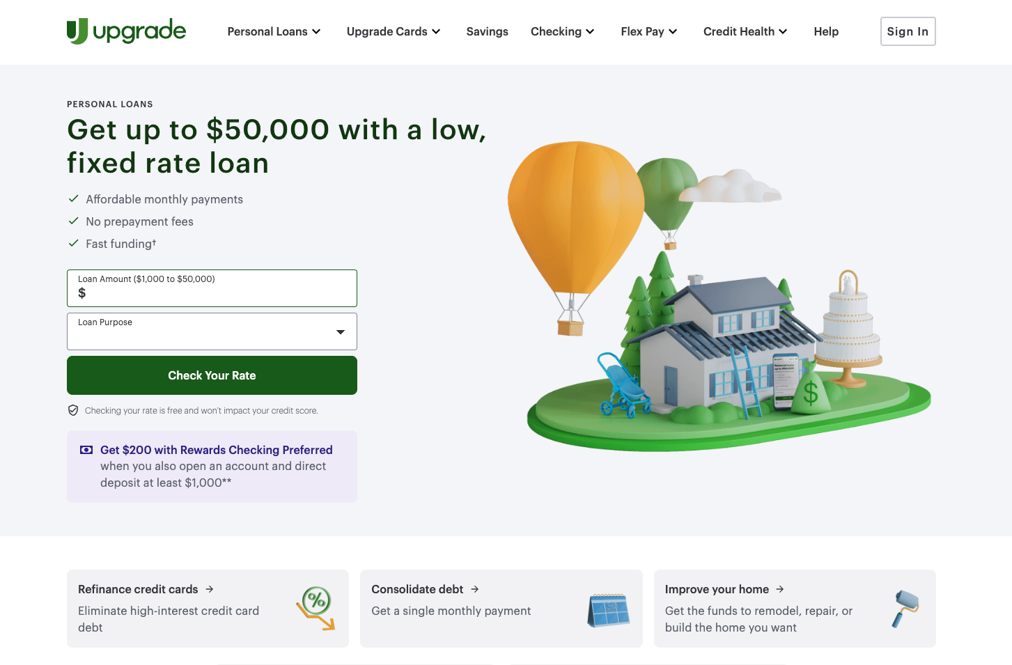 Screenshot of Upgrade’s personal loans webpage highlighting loan amounts up to $50,000, fixed rates, and fast funding options.