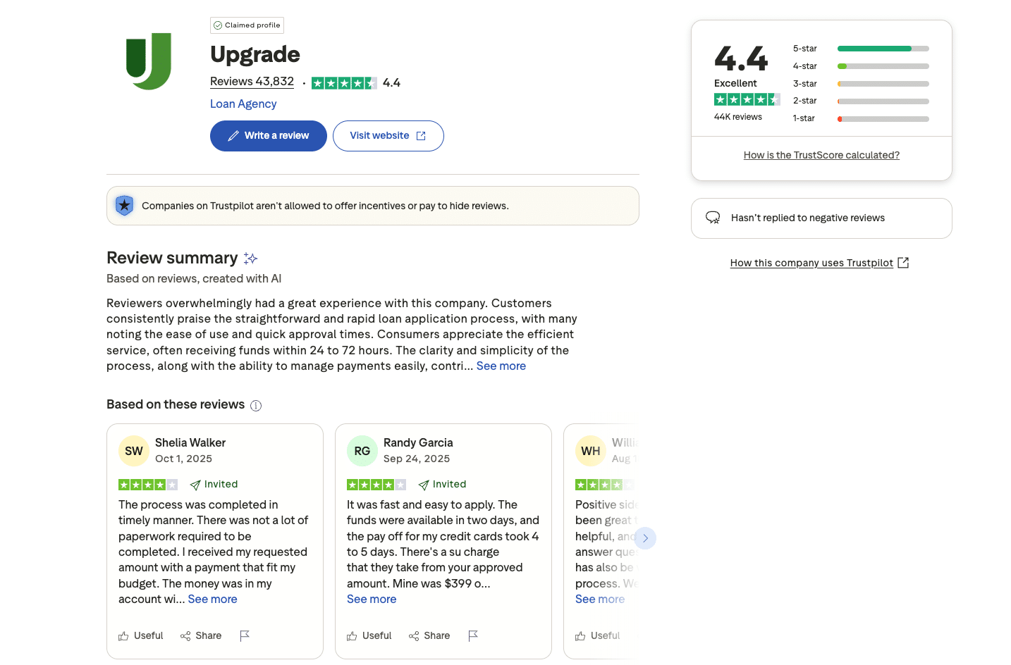 Screenshot of Upgrade’s Trustpilot page showing 4.4-star customer rating and recent user reviews.