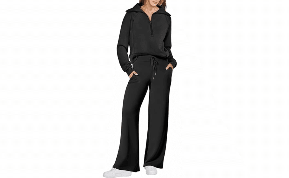 Black Anrabess two-piece lounge set with long-sleeve top and wide-leg pants.