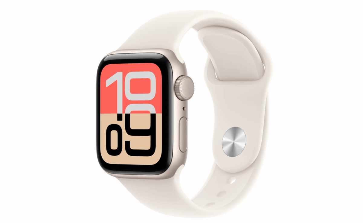 Apple Watch SE 3 with white sport band and colorful digital display.