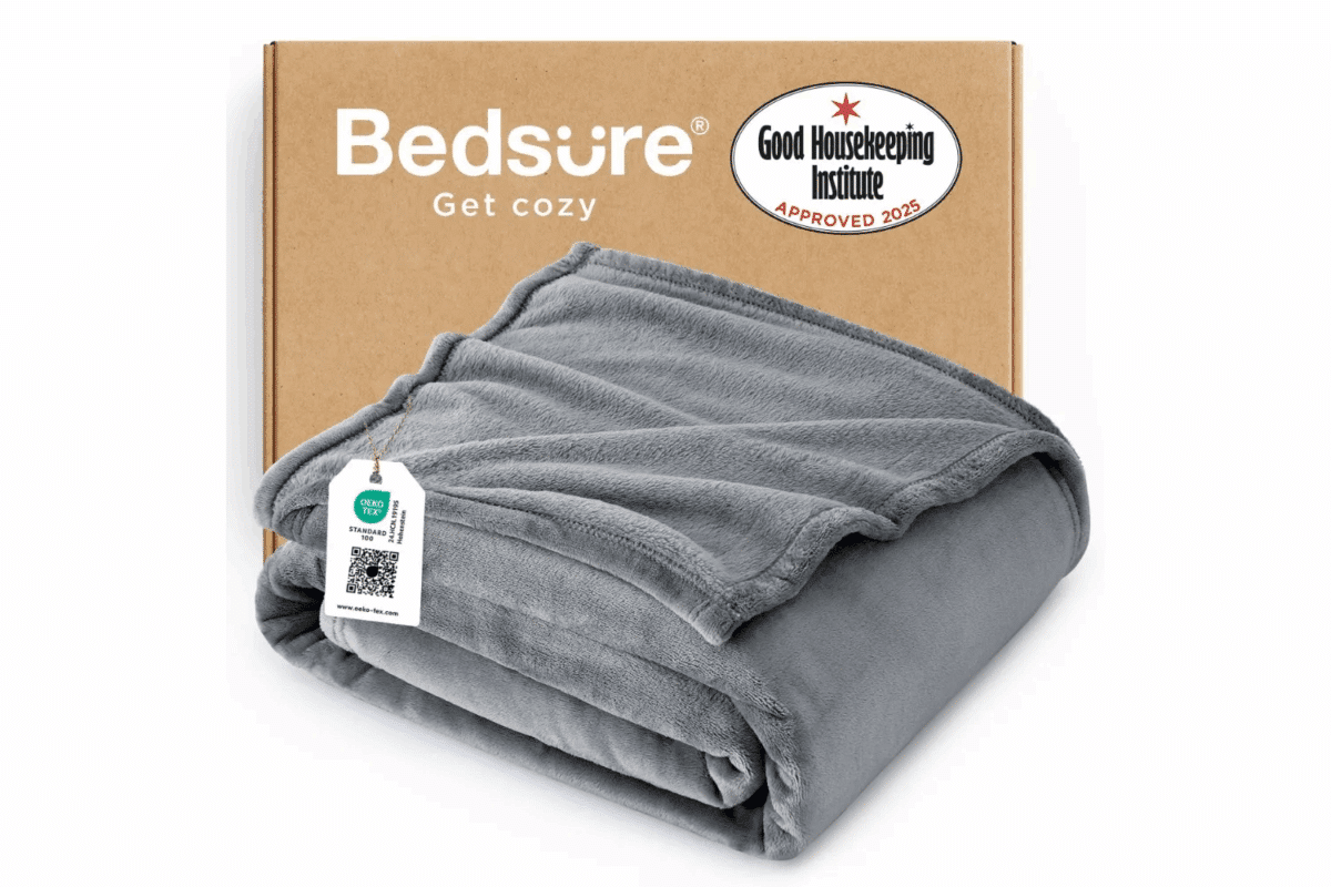 Soft gray Bedsure GentleSoft throw blanket with OEKO-TEX tag, displayed in front of box packaging.