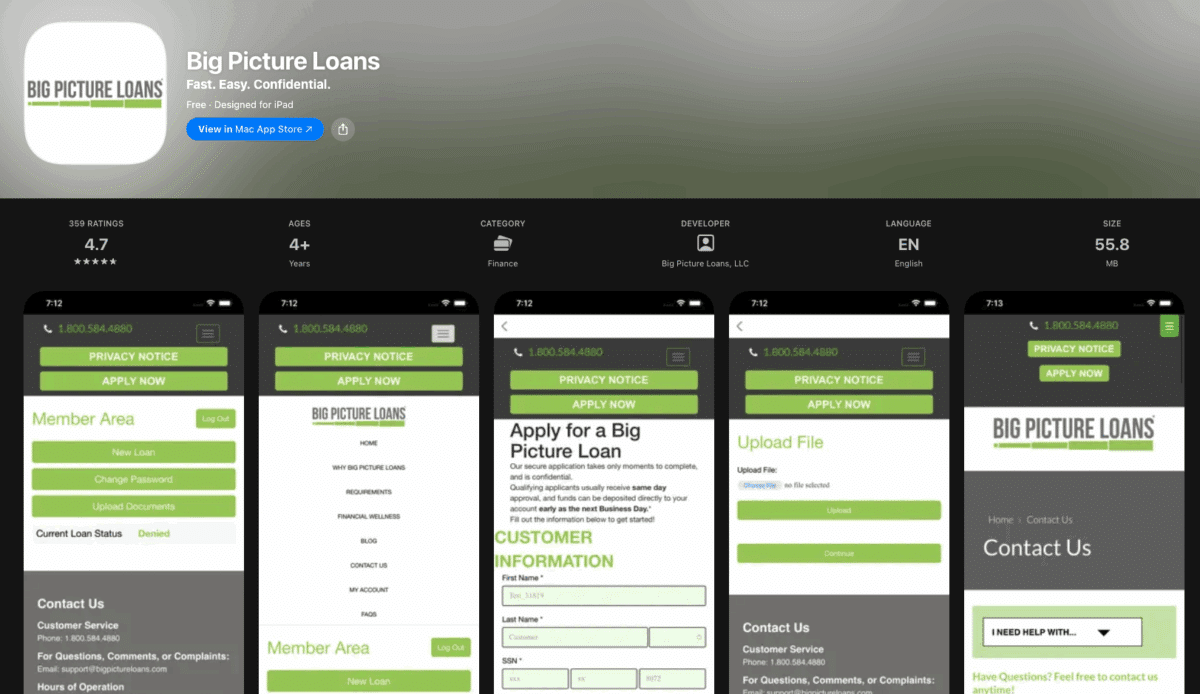 Big Picture Loans app listing on the Apple App Store showing 4.7 rating and app interface previews.