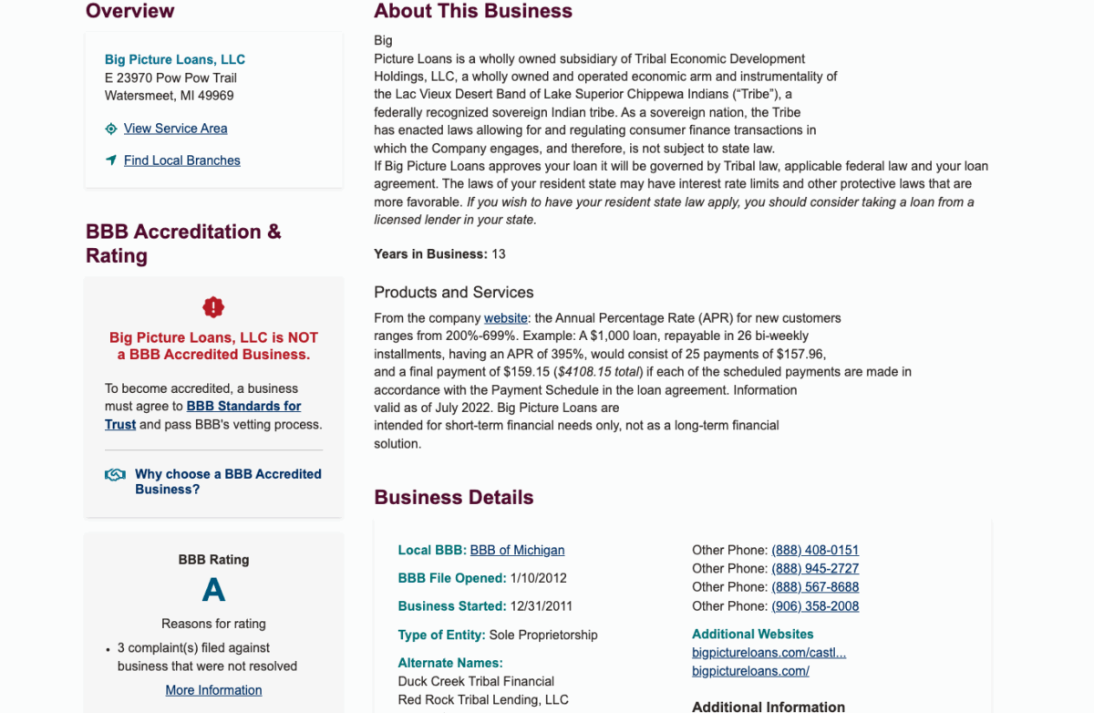 BBB profile for Big Picture Loans showing non-accredited status, A rating, and example APR cost disclosures.