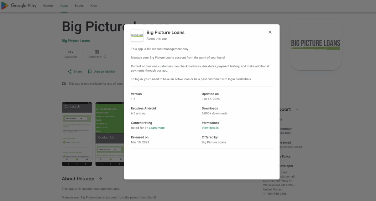 Big Picture Loans app page on Google Play showing app details, version info, and 5,000+ downloads.
