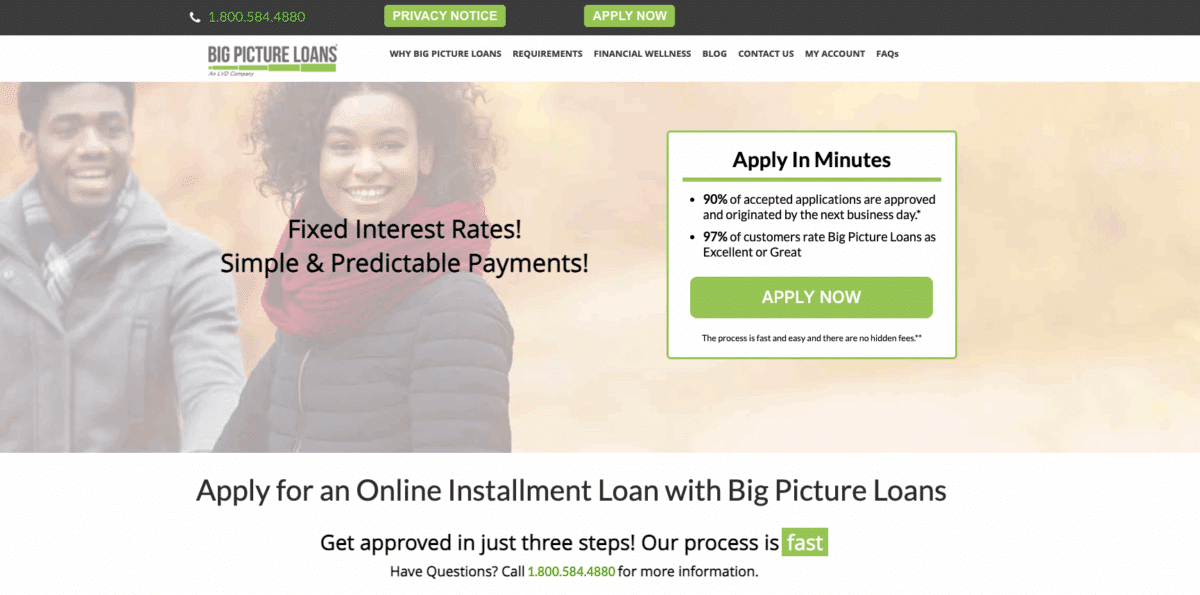 Big Picture Loans homepage showing apply now box, fixed interest rates, and next-business-day funding message
