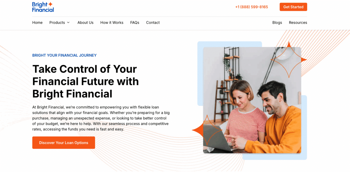 Bright Financial website homepage showing a couple reviewing financial options on a laptop and a headline promoting flexible loan solutions.
