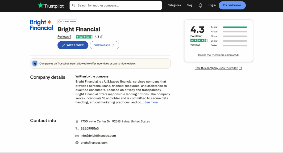 Bright Financial Trustpilot profile displaying a 4.3-star rating from nine reviews and company contact details.