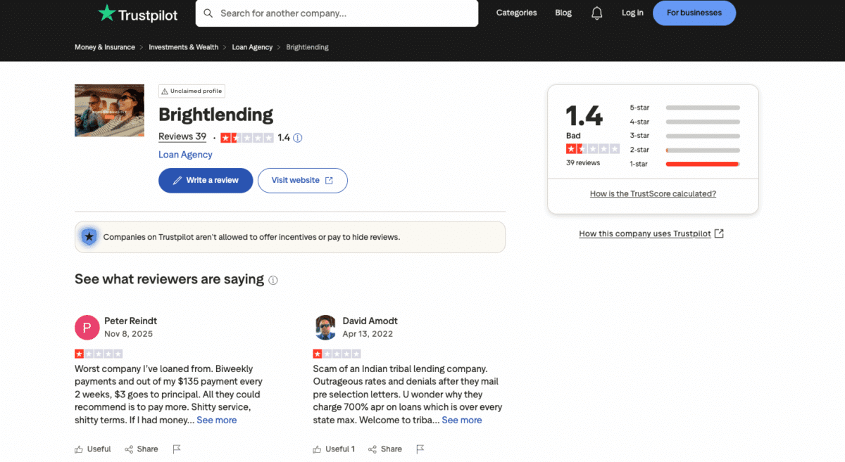 Trustpilot page showing Bright Lending with a 1.4-star rating and customer reviews describing negative loan experiences.
