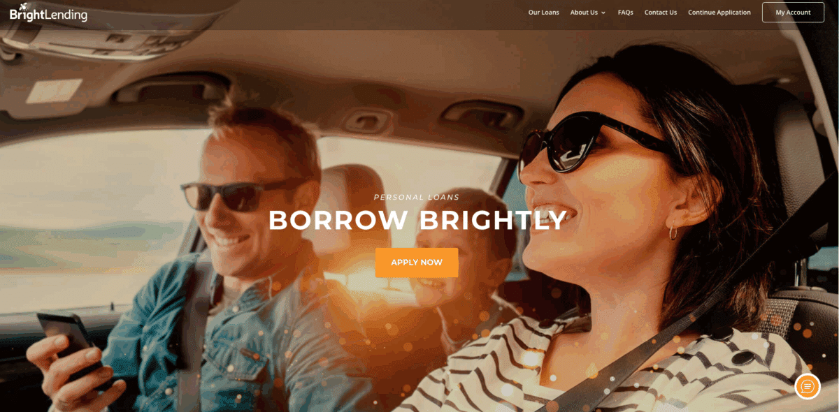 Family sitting in a car smiling while promoting Bright Lending’s “Borrow Brightly” personal loan message.