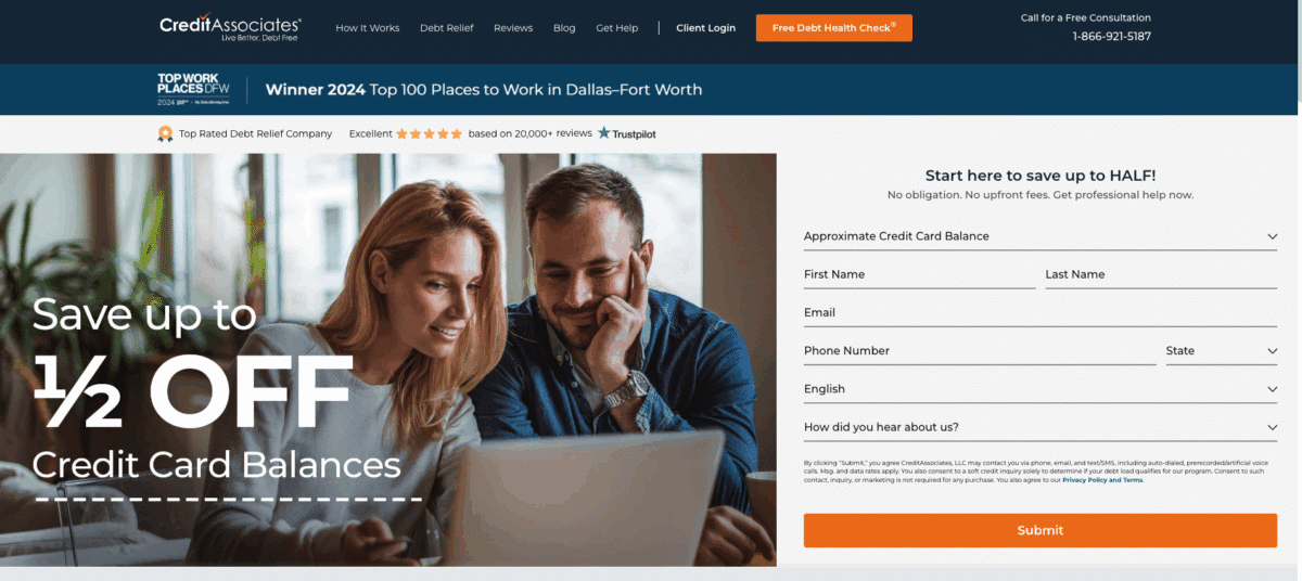 CreditAssociates homepage screenshot showing promotional claim of saving up to half off credit card balances and a couple viewing a laptop.