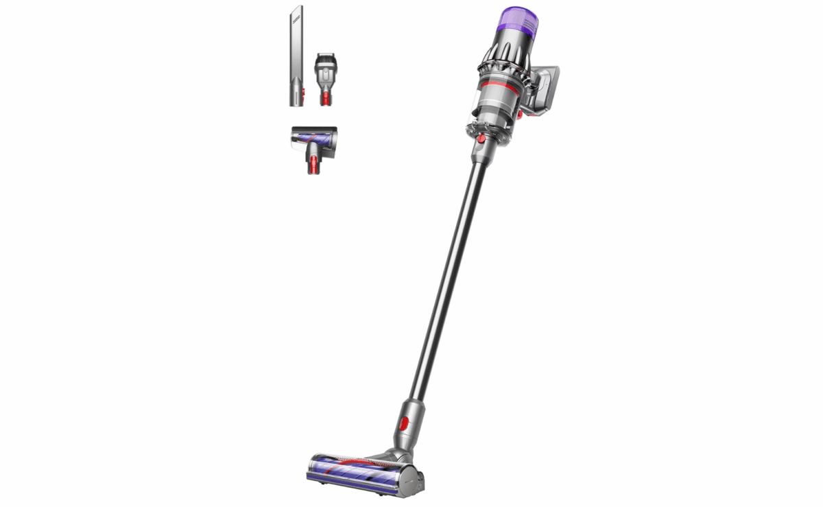 Dyson V9 cordless stick vacuum with attachments for powerful cleaning and pet hair removal.