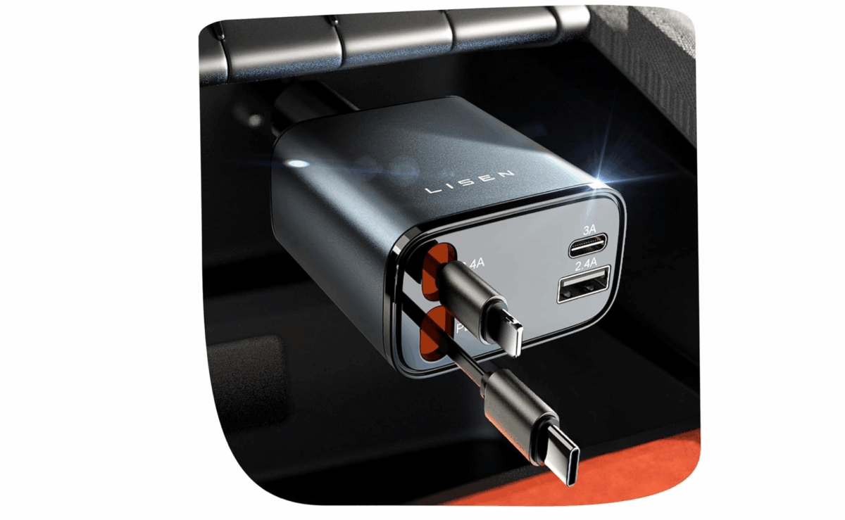Lisen retractable car charger with built-in Lightning and USB-C cables plugged into car port.