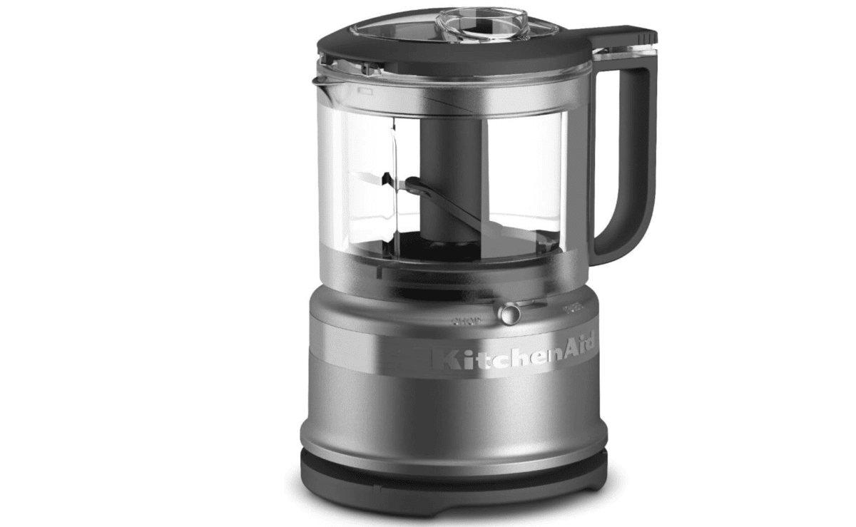 KitchenAid 3.5-cup mini food chopper in silver, featuring a clear bowl and handle