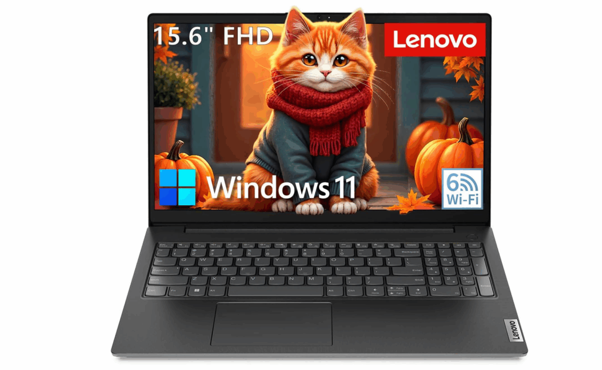 Lenovo Windows 11 Pro laptop with 15.6-inch screen and fall-themed wallpaper.