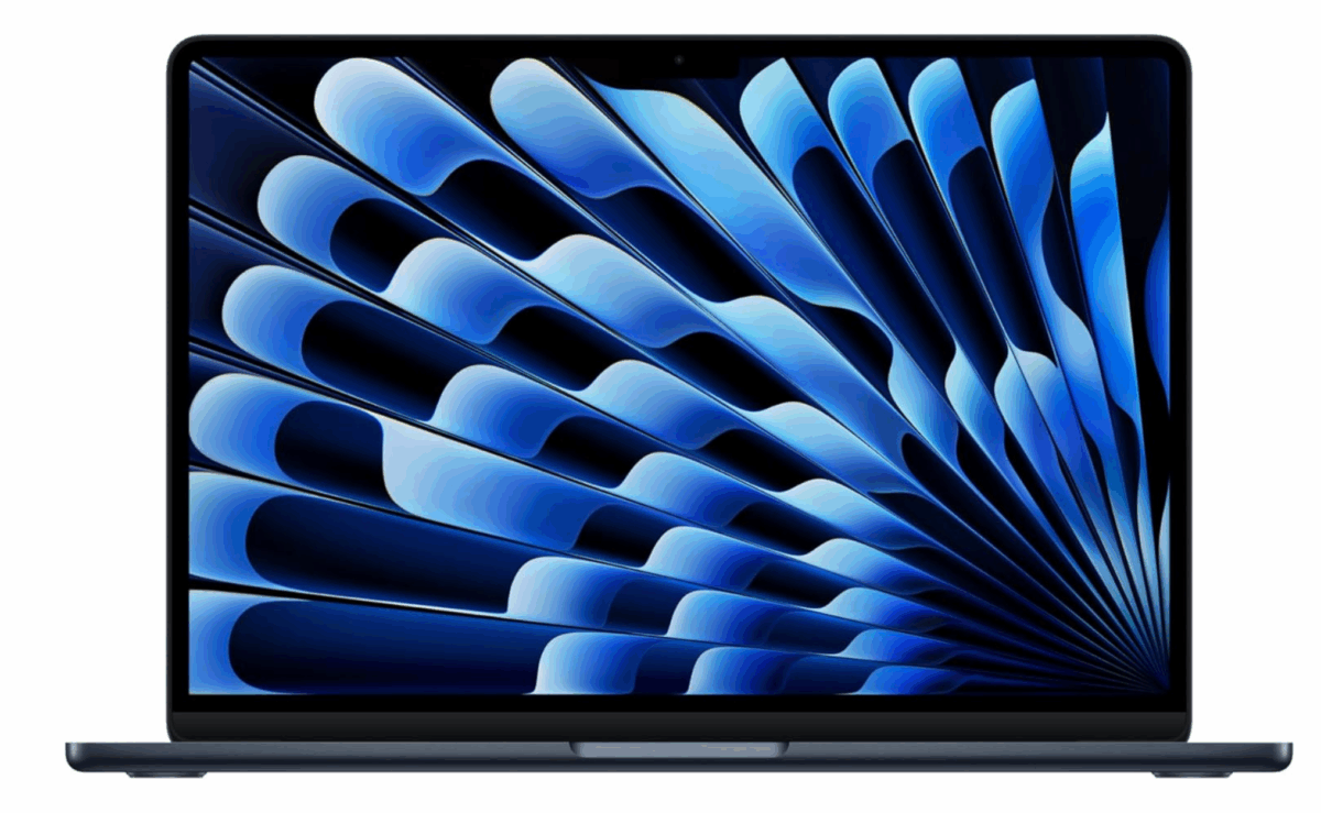 Apple MacBook Air 13-inch laptop with M4 chip and blue abstract display on screen.