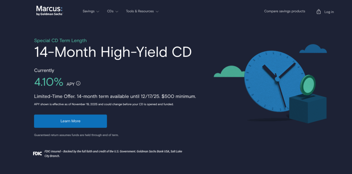 Marcus by Goldman Sachs webpage showing 14-month high-yield CD offer at 4.10% APY with $500 minimum.