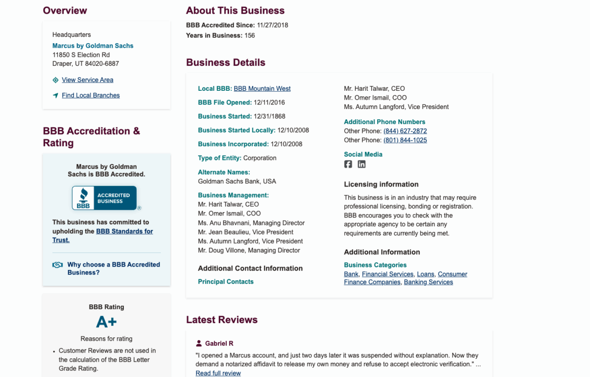 BBB profile page for Marcus by Goldman Sachs showing accreditation, A+ rating, business details, and executive information.