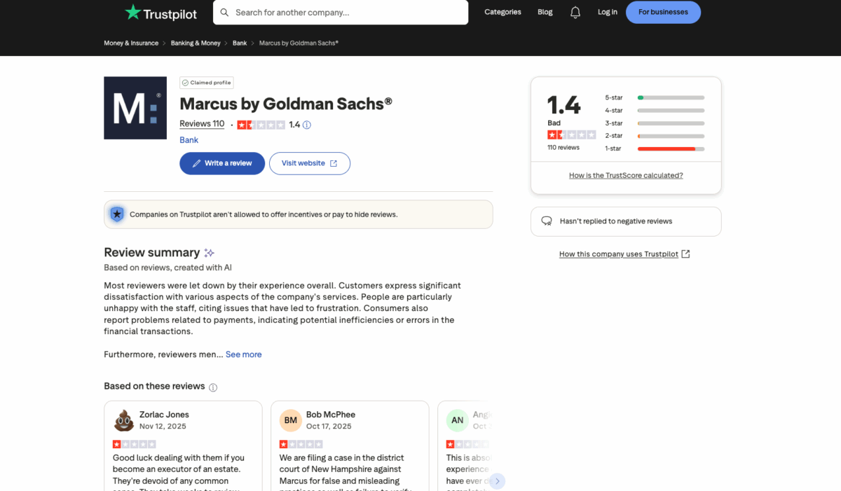 Trustpilot reviews for Marcus by Goldman Sachs showing 1.4 rating and customer complaints.