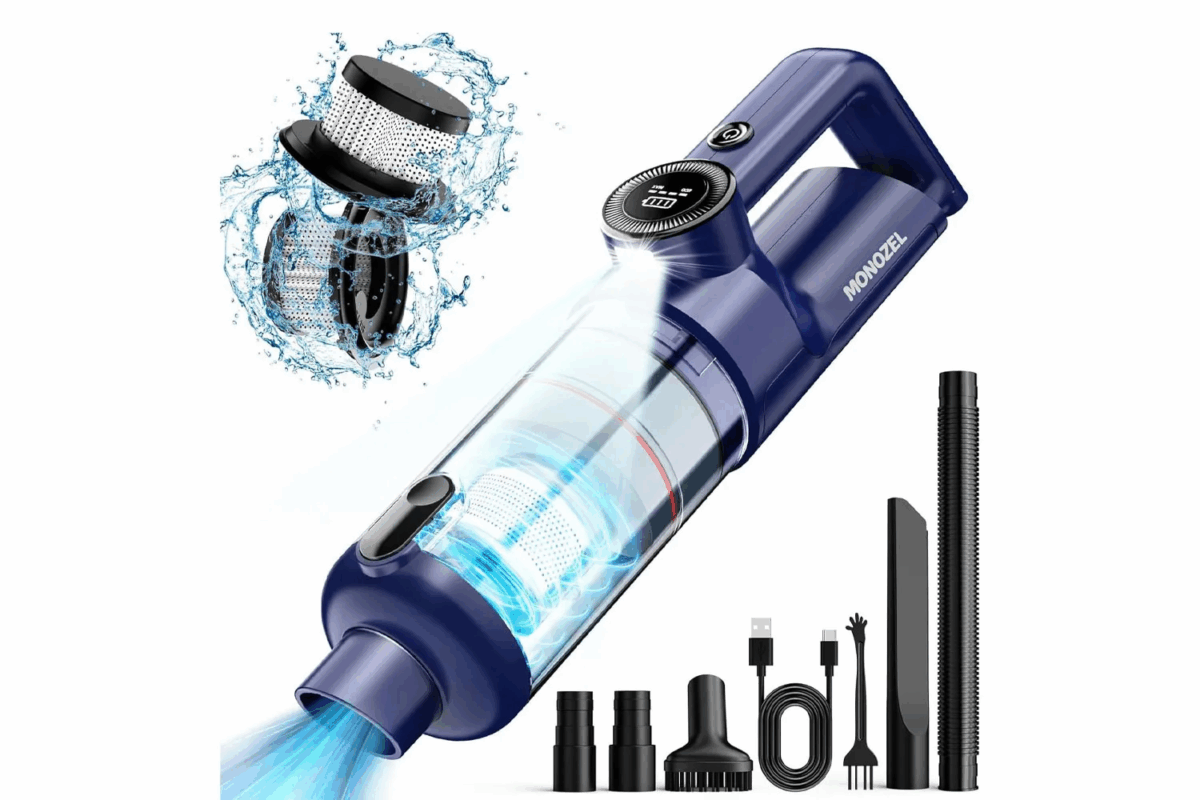 Monozel cordless handheld vacuum with brushless motor, filters, and attachments for quick cleaning.