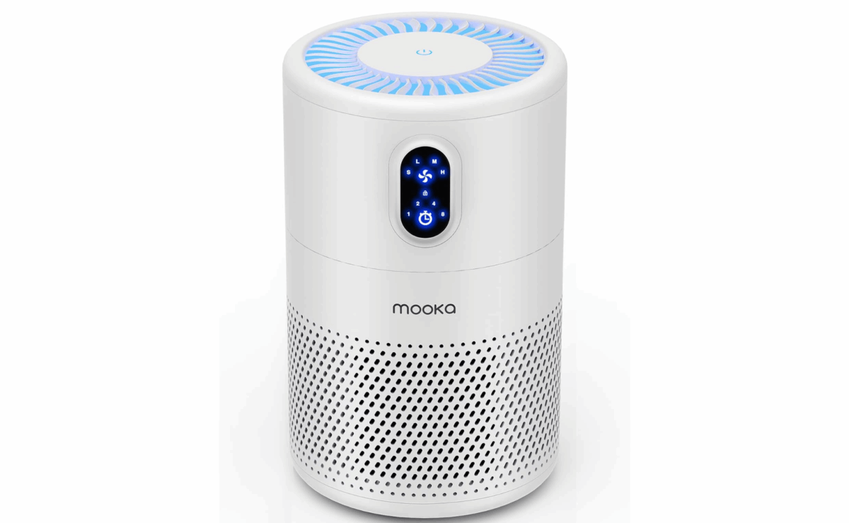 Mooka air purifier with 3-layer filtration and LED display, designed for cleaner air at home.