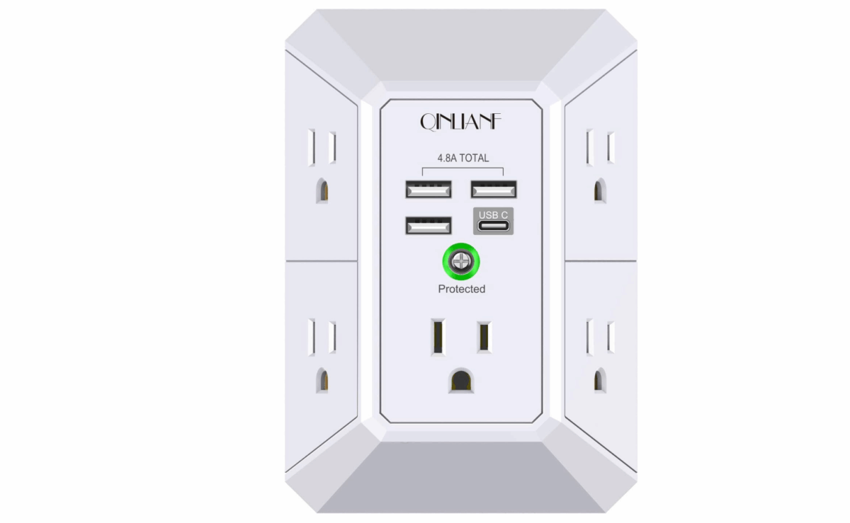 Wall outlet extender with five AC plugs and four USB ports, ideal for charging multiple devices