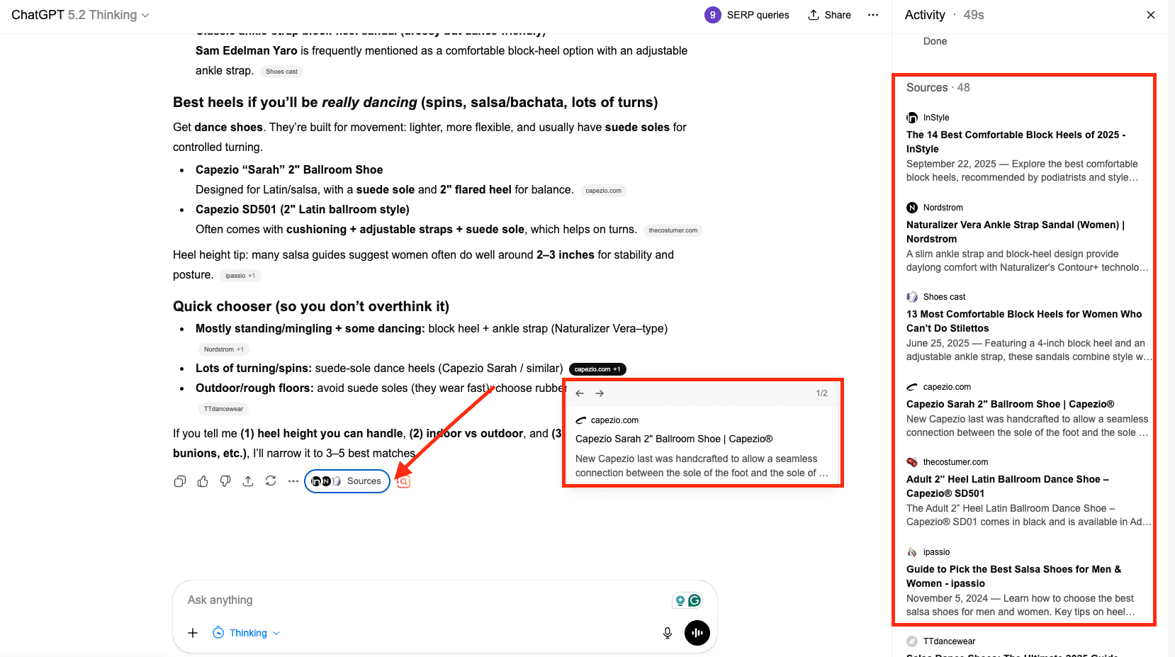 ChatGPT interface displaying product recommendations with an open sources panel showing cited sites and source previews.