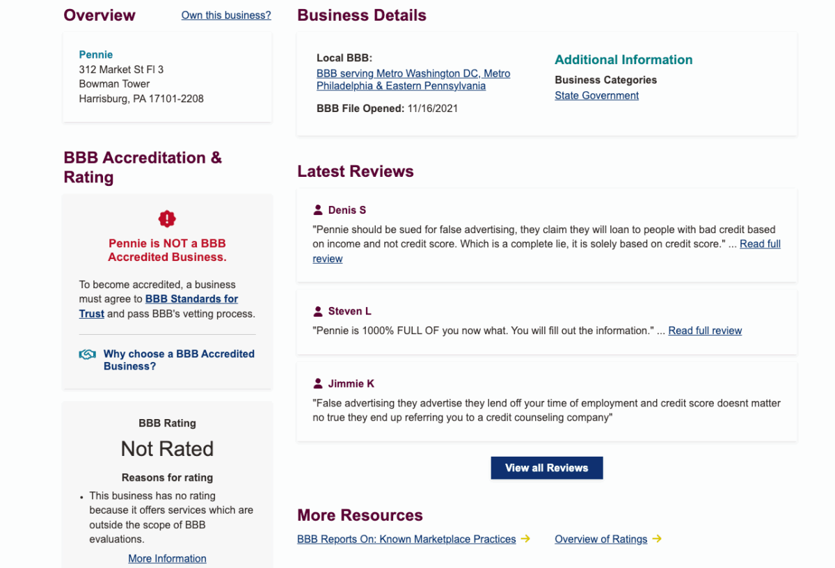 Pennie BBB profile displaying business details, lack of accreditation, and recent customer complaint reviews.