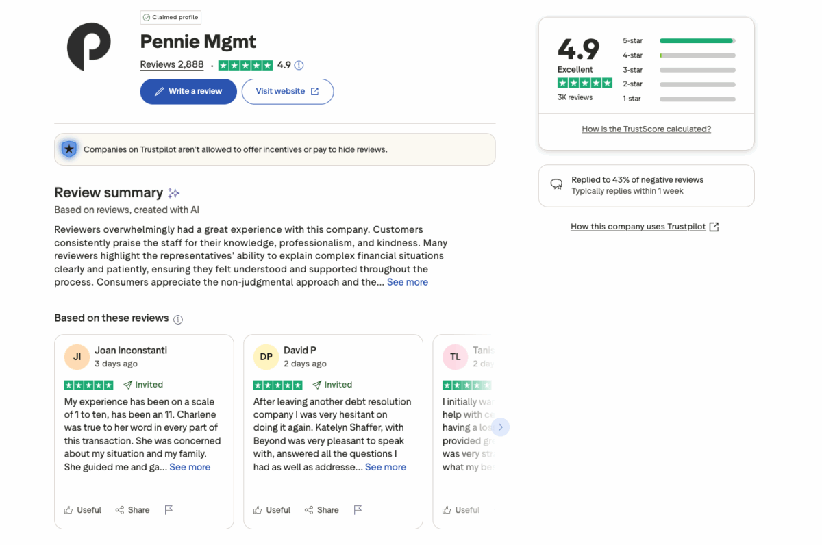 Pennie Mgmt Trustpilot page showing a 4.9 rating with customer reviews and company profile.