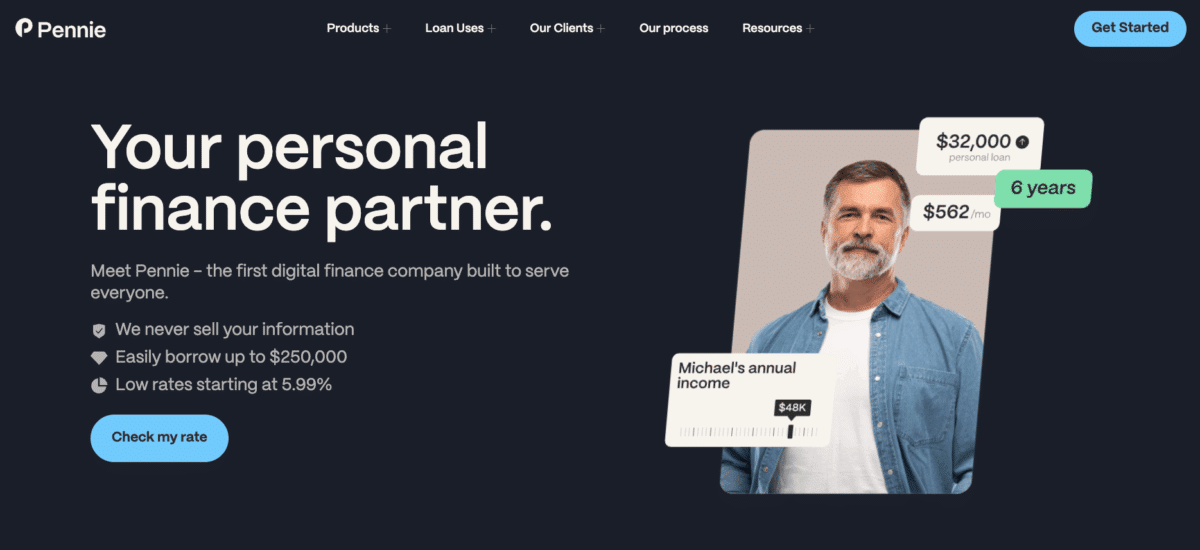 Pennie homepage showing personal finance partner messaging, loan highlights, and user income preview.