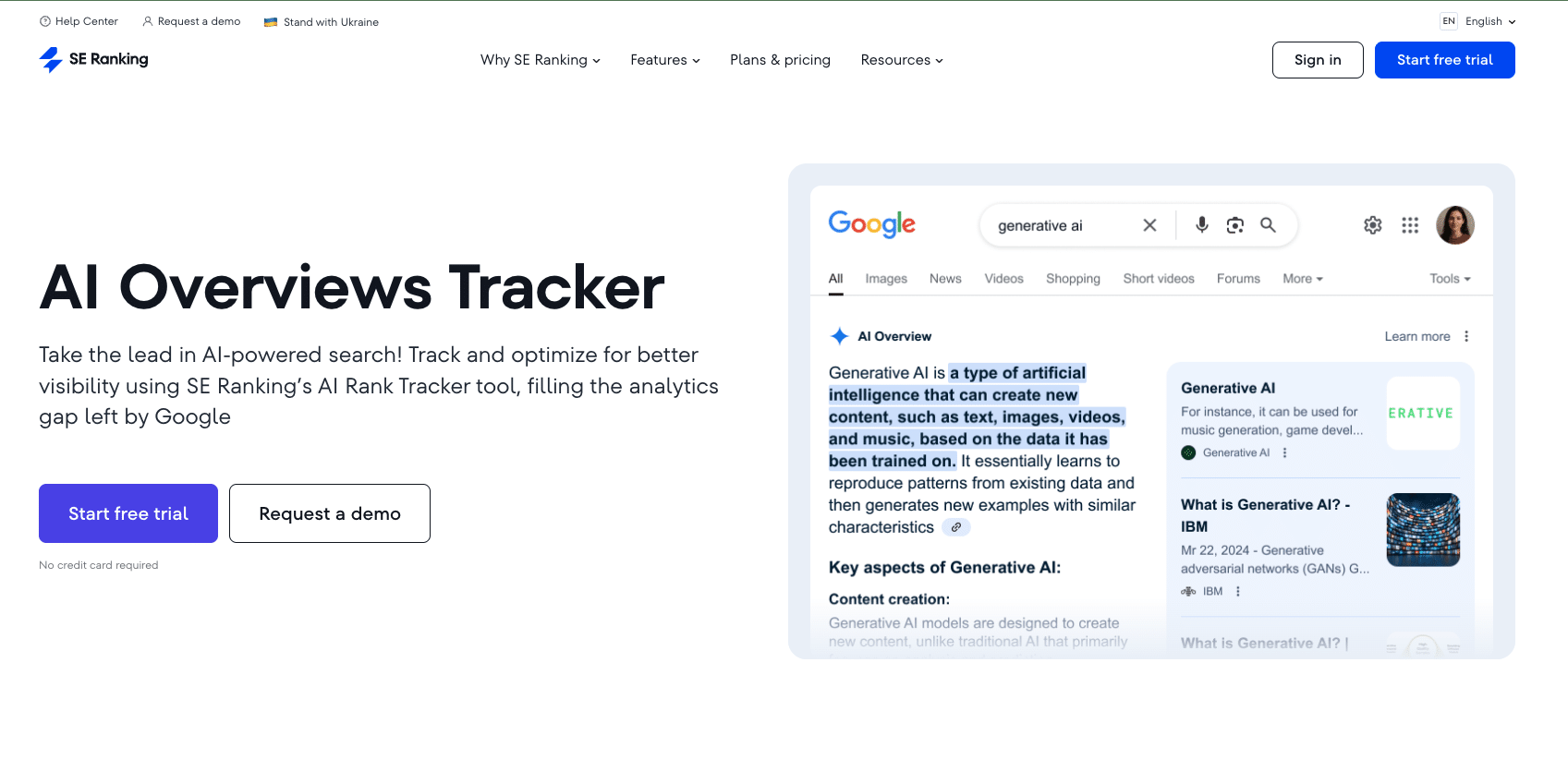 SE Ranking AI Overviews Tracker homepage showing Google AI Overview example for generative AI.