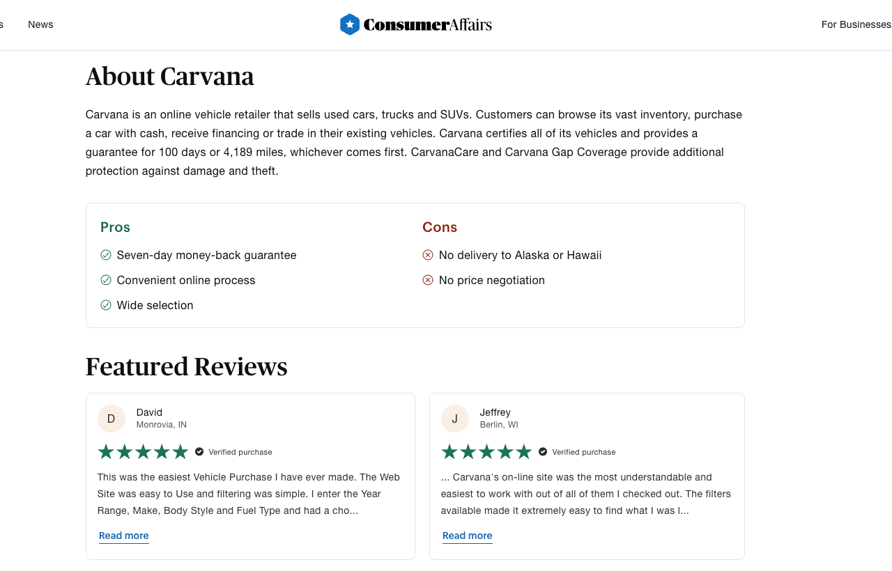 A ConsumerAffairs informational block for Carvana listing pros such as the seven-day money-back guarantee and convenient online process, and cons including no delivery to Alaska or Hawaii and no price negotiation.