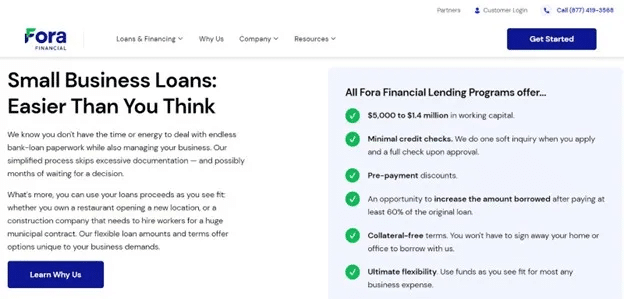 Fora Financial website snippet highlighting small business loans up to $1.4 million with minimal credit checks, no collateral requirements, and pre-payment discounts.