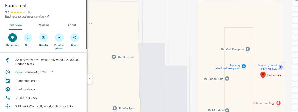 Google Maps business listing for Fundomate in West Hollywood, CA, showing a 3.6-star rating and contact information.