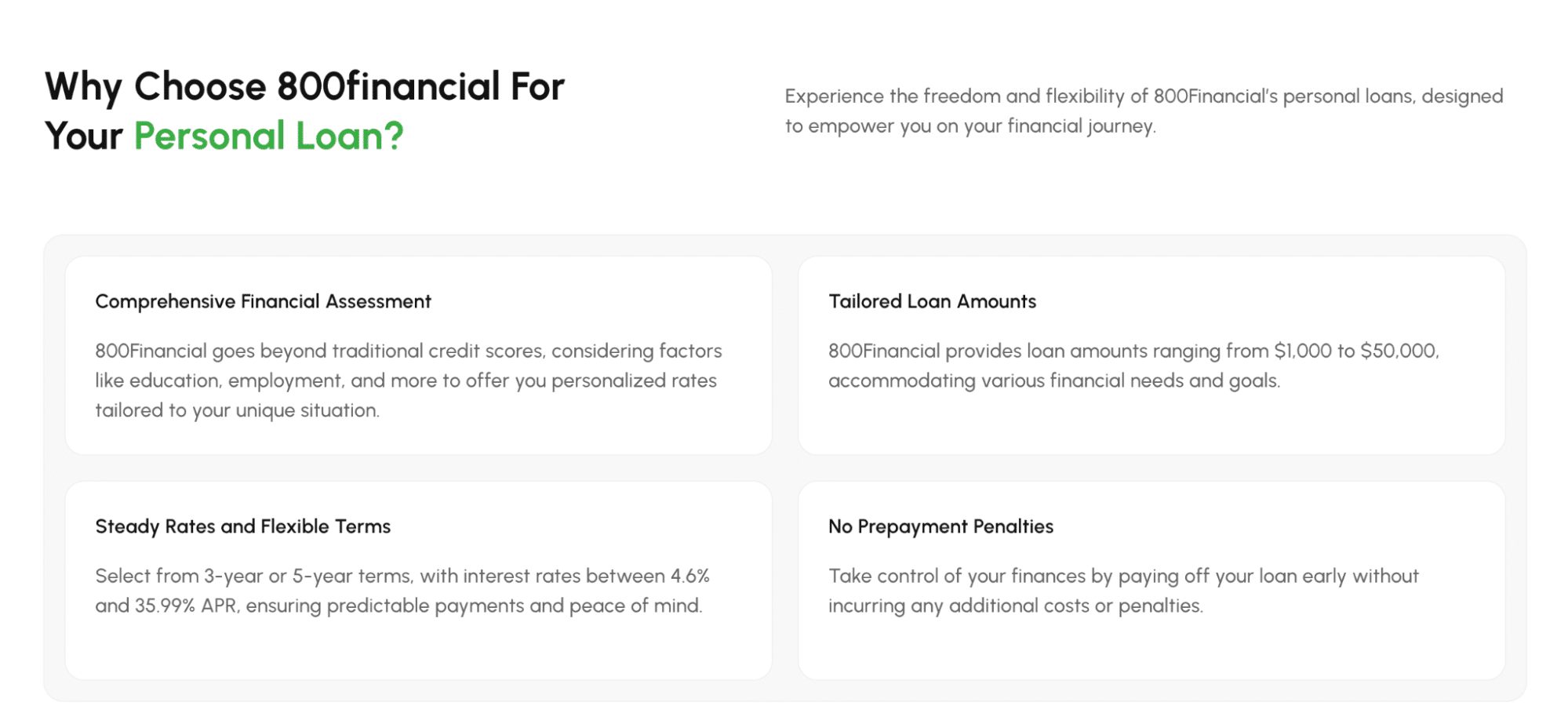 An informational graphic detailing four reasons to choose 800Financial: Comprehensive Financial Assessment, Tailored Loan Amounts from $1k to $50k, Steady Rates (4.6% to 35.99% APR), and No Prepayment Penalties.