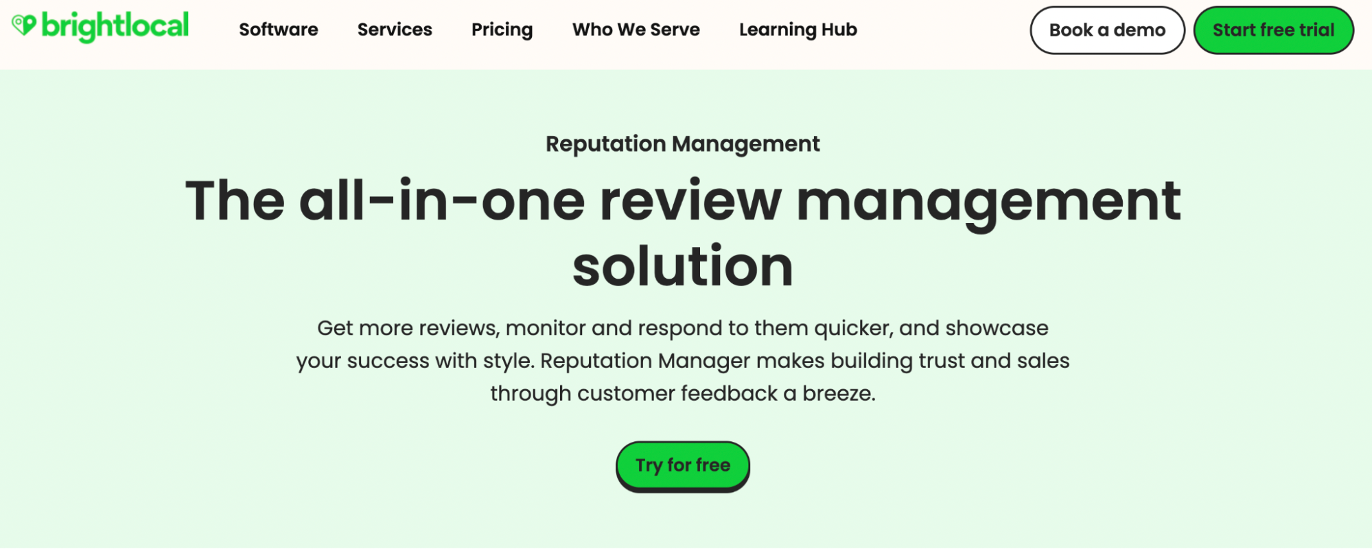 The BrightLocal Reputation Management landing page showcasing its all-in-one solution for monitoring and responding to local reviews.