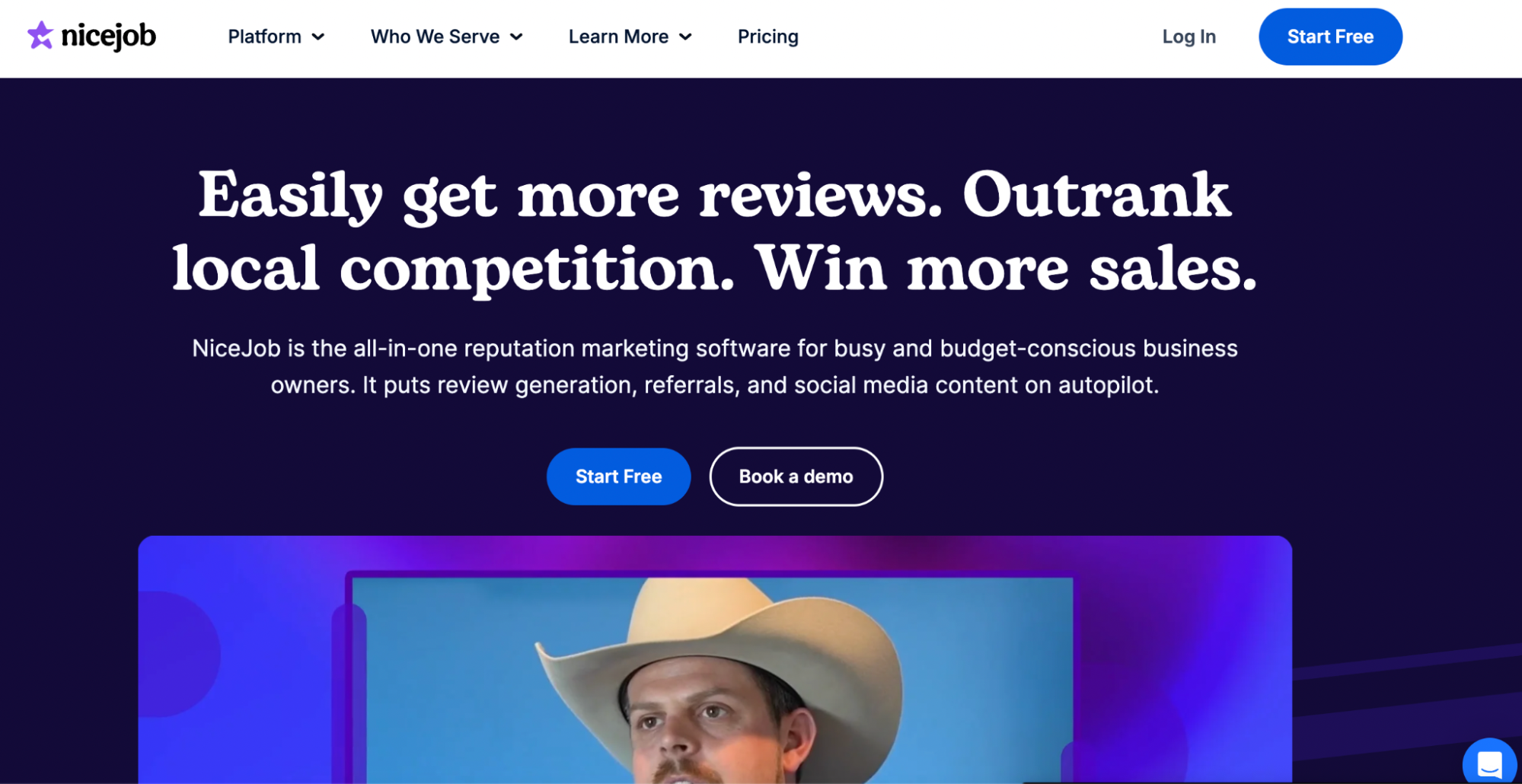 The NiceJob homepage featuring a dark purple background and a testimonial video thumbnail for its review generation and referral software.