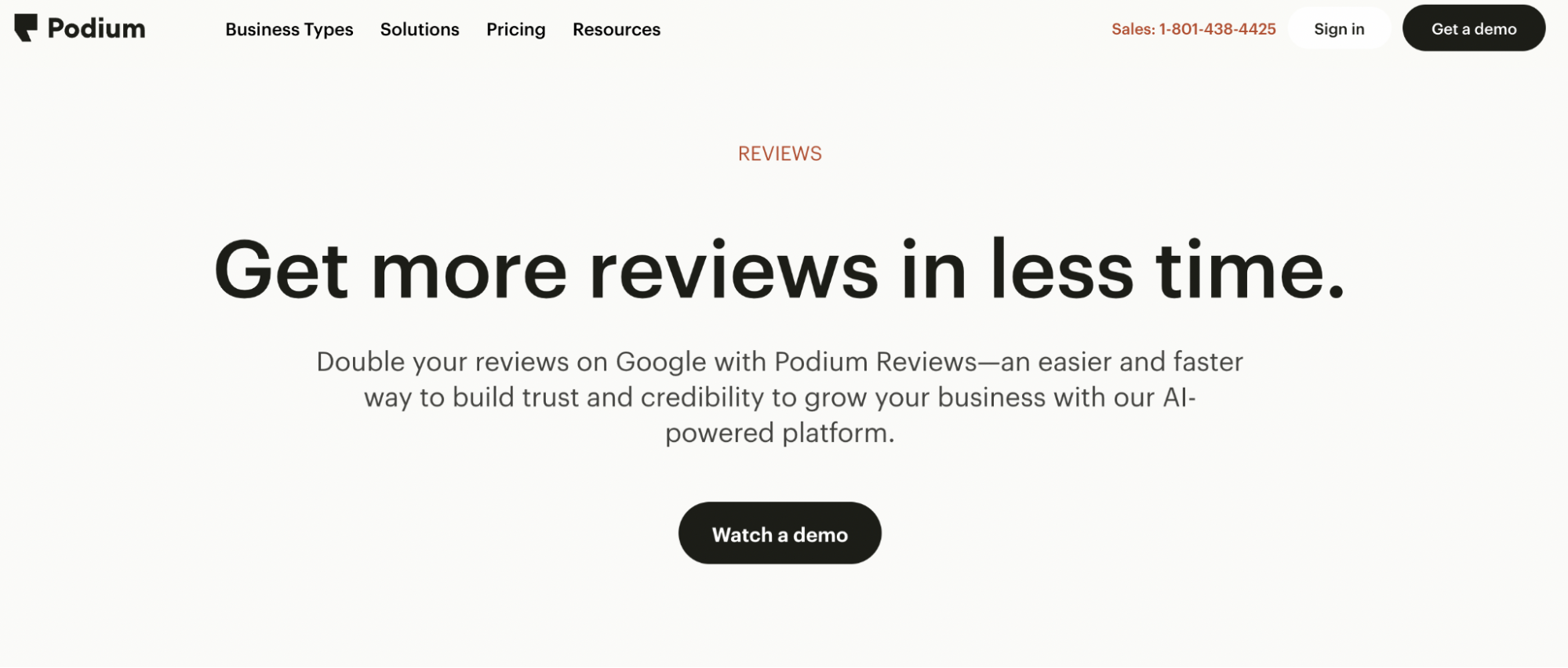 The Podium Reviews landing page featuring a minimalist design focused on doubling Google reviews using AI-powered tools.