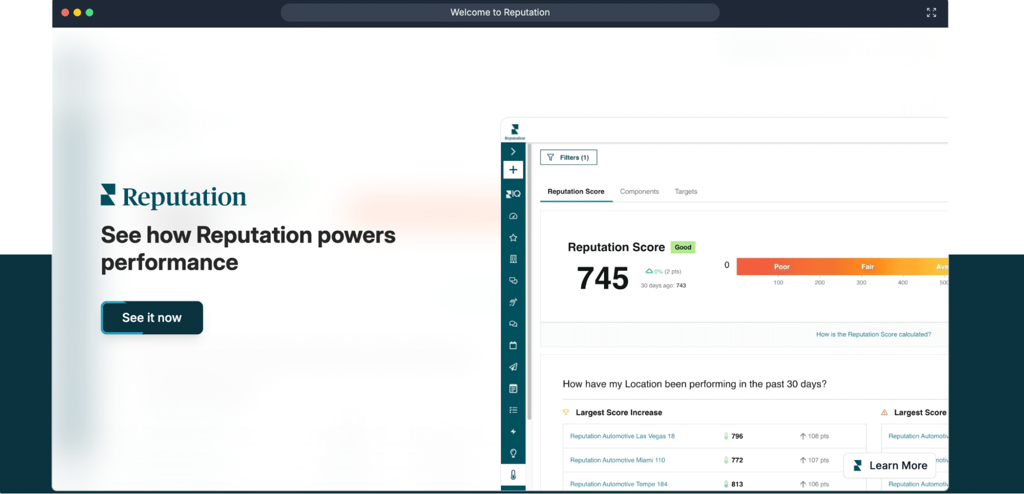 A desktop view of the Reputation platform showing a "Reputation Score" of 745 and location performance trends over 30 days.