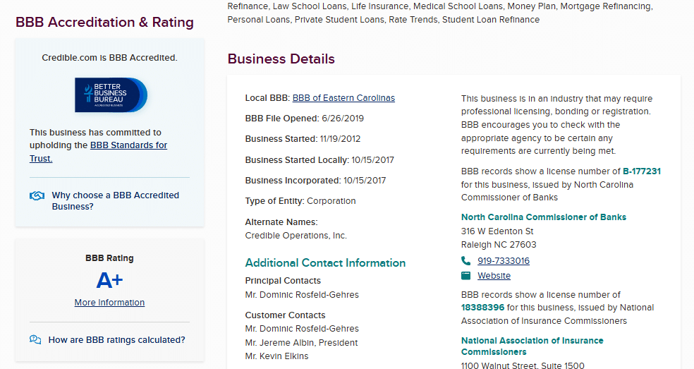 Credible BBB accreditation page showing A+ rating and business detailsCaption: Credible holds an A+ rating with the Better Business Bureau as of 2026