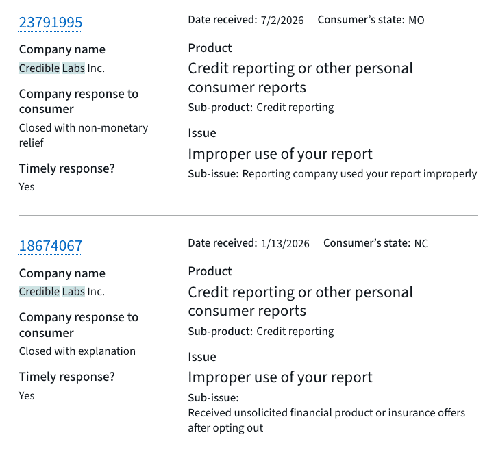 Screenshot of two CFPB complaints on Credible Labs Inc.