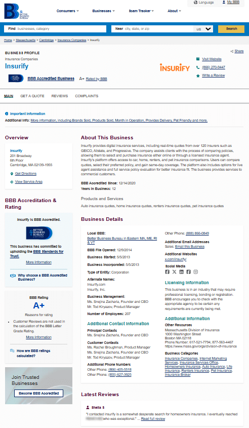 The Better Business Bureau business profile for Insurify, showing an A-plus rating and BBB accreditation since 2020. The page lists business details, including its Cambridge, MA headquarters and founding date in 2013.