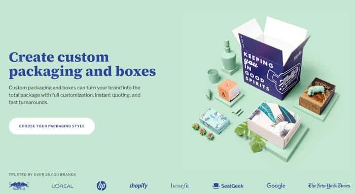 Packlane website interface displaying several custom box styles, including a large purple box and smaller branded mailers on a mint green background.