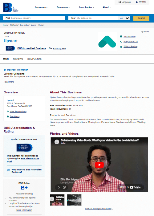 A screenshot of Upstart’s Better Business Bureau profile showing a B-plus rating, accreditation since 2015, and over 750 customer complaints. The page includes business details for their San Mateo, California headquarters.