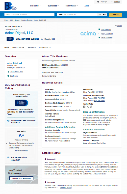 Acima Digital BBB business profile showing A+ rating and accreditation details