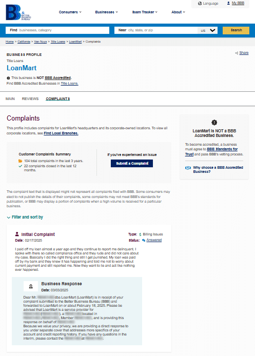 A screenshot of the LoanMart BBB profile showing 104 total complaints in the last 3 years and a specific consumer billing dispute filed in February 2025.