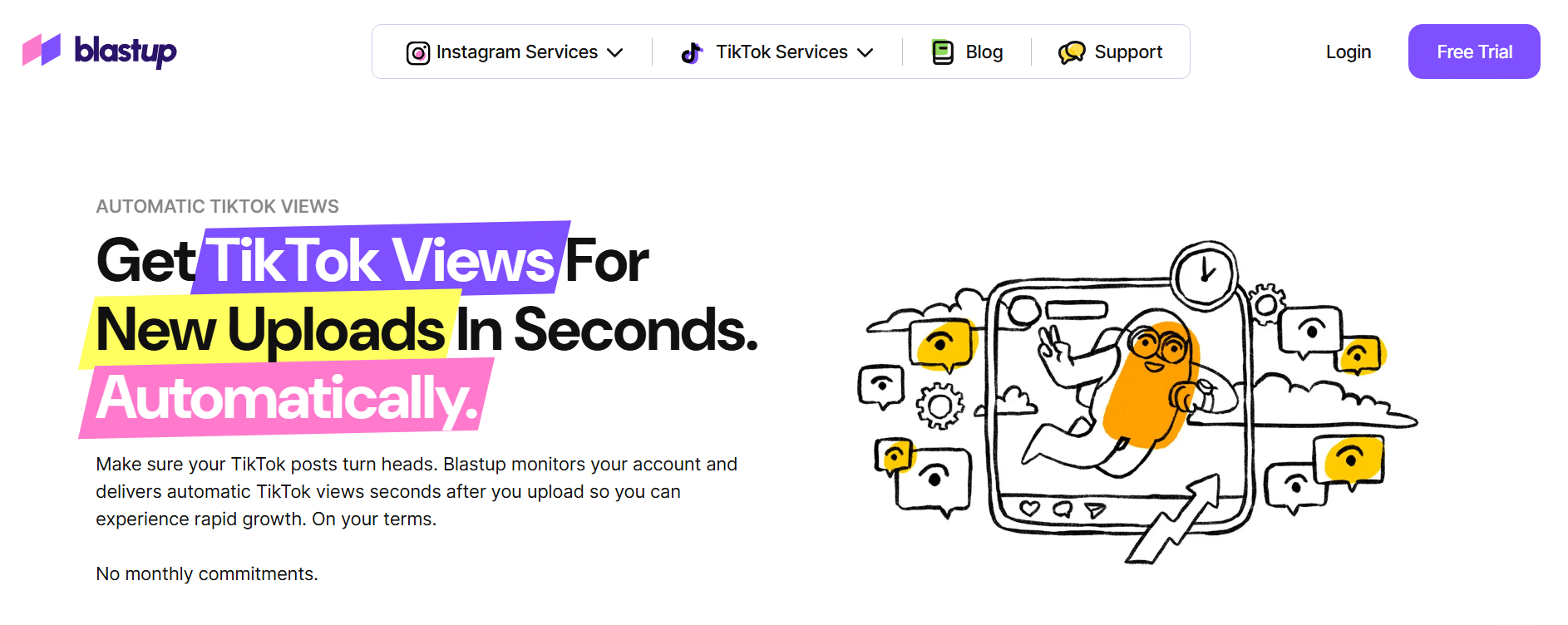 Screenshot of the Blastup website homepage highlighting their automatic TikTok views for new uploads service with no monthly commitments.